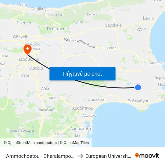 Ammochostou - Charalampou Mouskou to European University Cyprus map