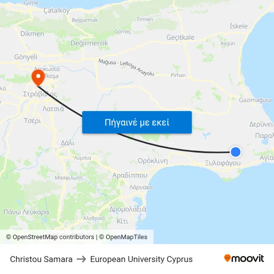 Christou Samara to European University Cyprus map