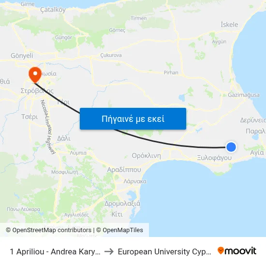 1 Apriliou - Andrea Karyou to European University Cyprus map