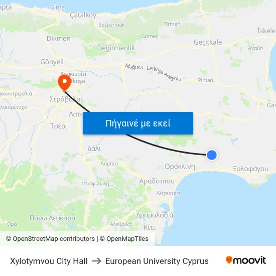 Xylotymvou City Hall to European University Cyprus map