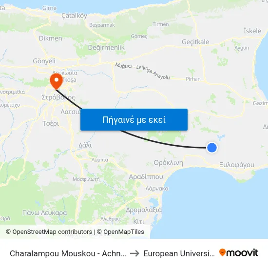 Charalampou Mouskou - Achna Roundabout to European University Cyprus map
