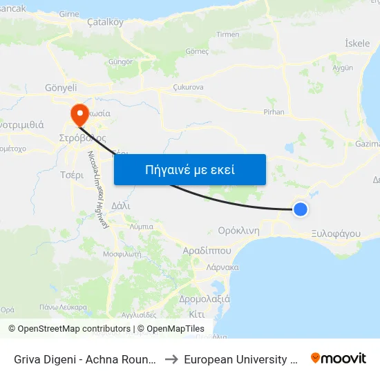 Griva Digeni - Achna Roundabout to European University Cyprus map