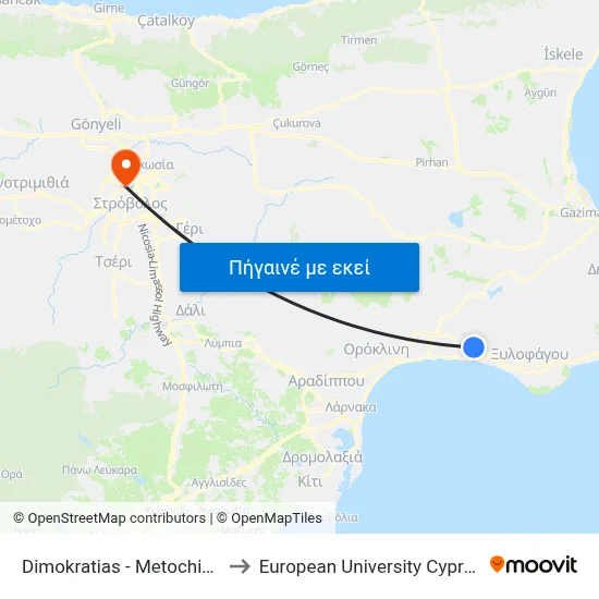 Dimokratias - Metochiou to European University Cyprus map