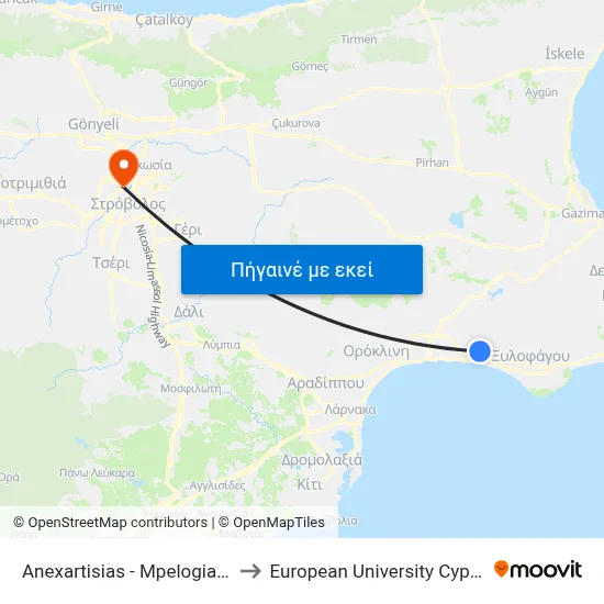Anexartisias - Mpelogianni to European University Cyprus map