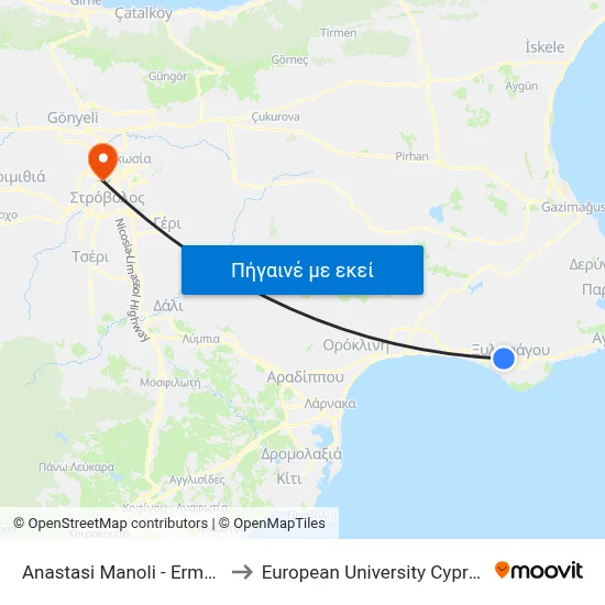 Anastasi Manoli - Ermou to European University Cyprus map