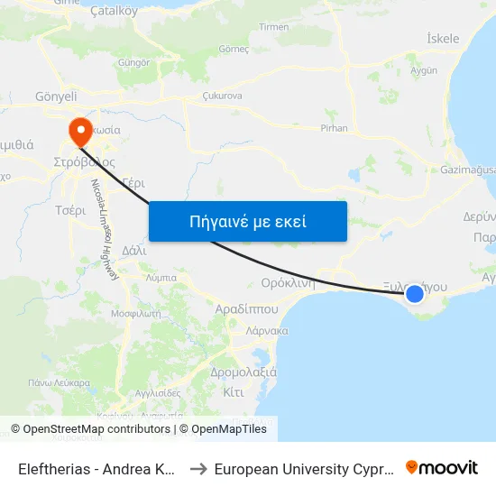 Eleftherias - Andrea Kazi to European University Cyprus map