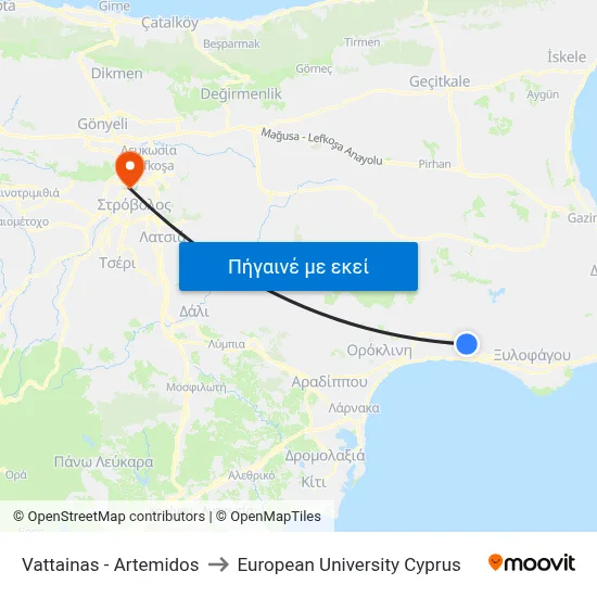 Vattainas - Artemidos to European University Cyprus map
