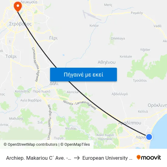 Archiep. Makariou C´ Ave. - Golgon to European University Cyprus map