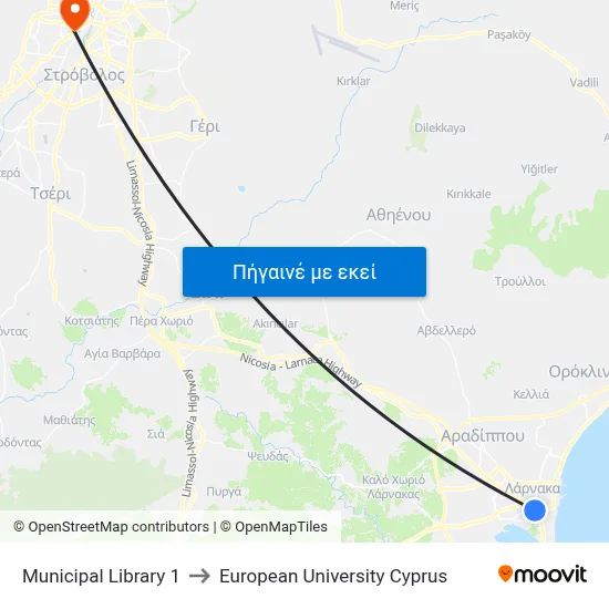 Municipal Library to European University Cyprus map
