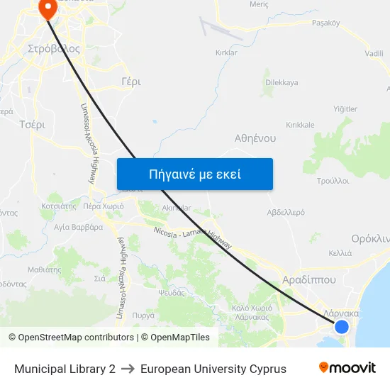 Municipal Library to European University Cyprus map