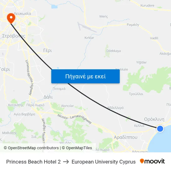 Princess Beach Hotel to European University Cyprus map