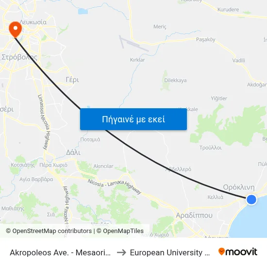 Akropoleos Ave. - Mesaorias Ave. to European University Cyprus map