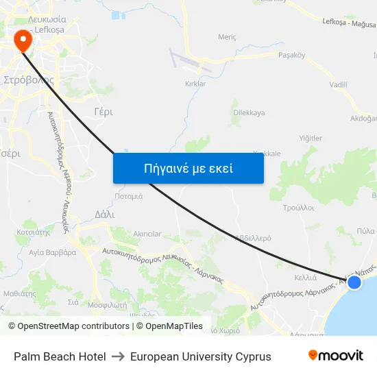 Palm Beach Hotel to European University Cyprus map