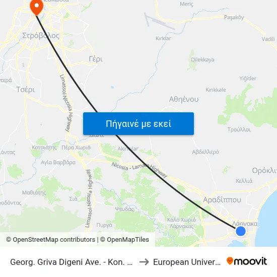 Georg. Griva Digeni Ave. - Kon. Palaiologou Ave. to European University Cyprus map