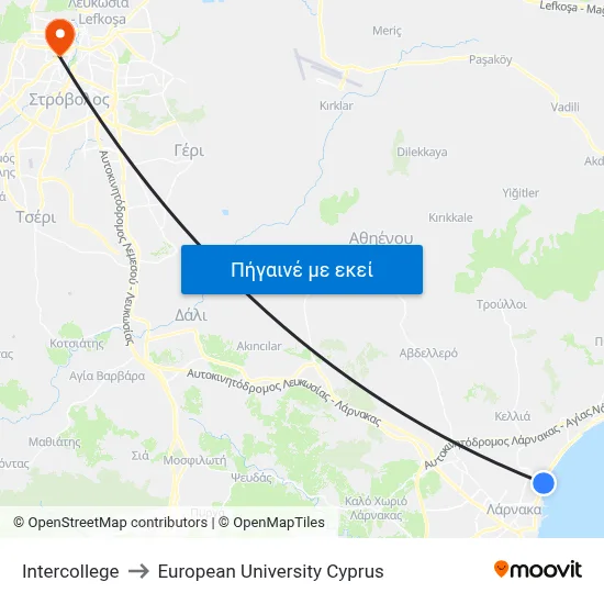 Intercollege to European University Cyprus map