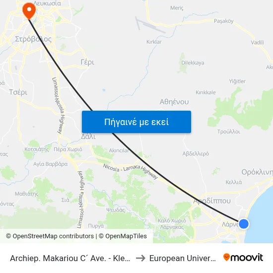 Archiep. Makariou C´ Ave. - Kleov. Papakyriakou to European University Cyprus map