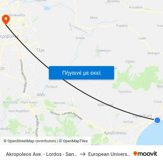 Akropoleos Ave. - Lordos - Sandy - Golden Bay to European University Cyprus map