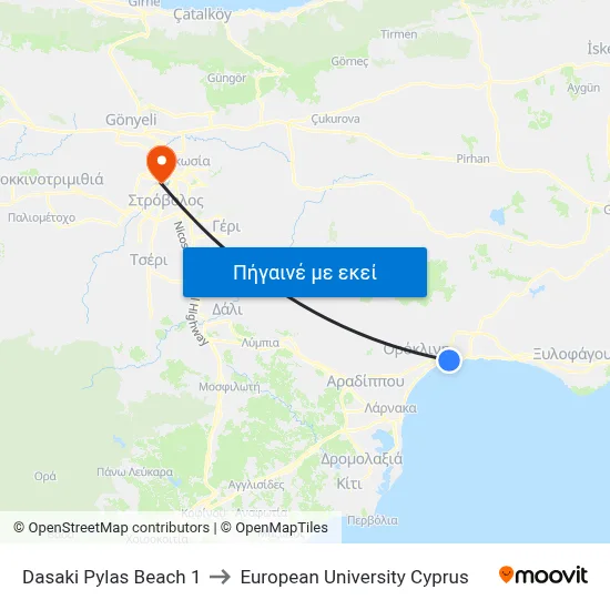 Dasaki Pylas Beach to European University Cyprus map