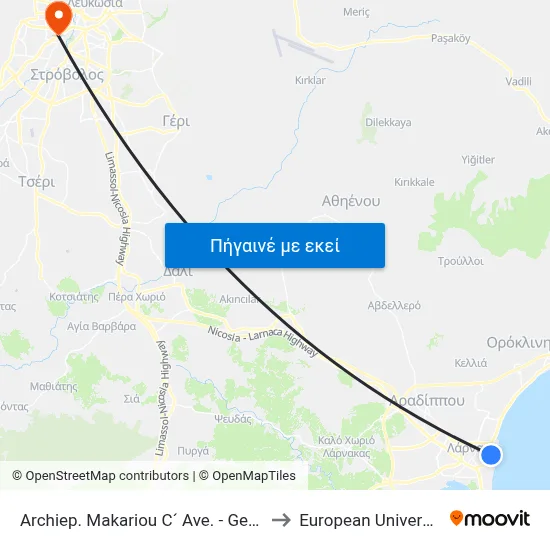 Archiep. Makariou C´ Ave. - Georgiou Georgiadi to European University Cyprus map
