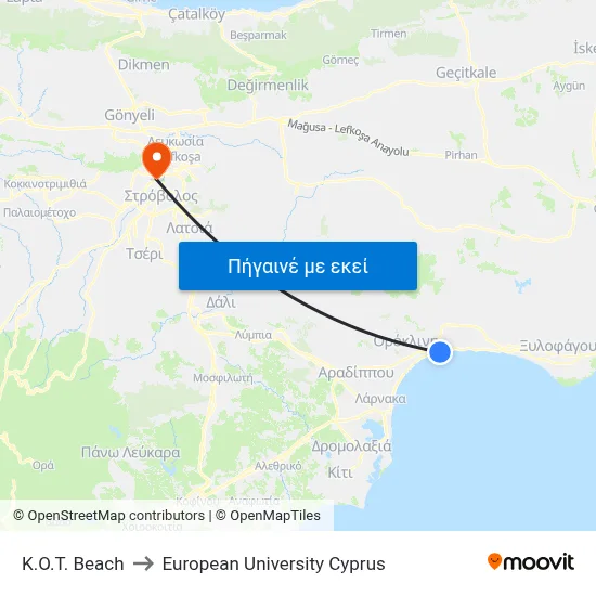 K.O.T. Beach to European University Cyprus map