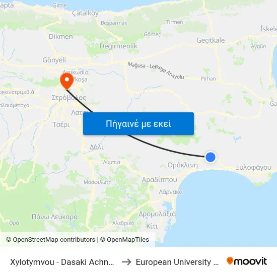 Xylotymvou - Dasaki Achnas Road to European University Cyprus map