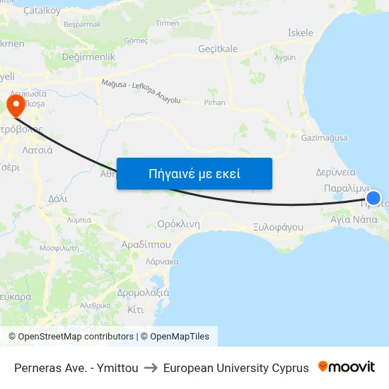 Perneras Ave. - Ymittou to European University Cyprus map