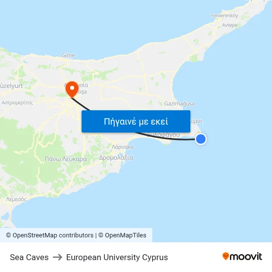 Sea Caves to European University Cyprus map