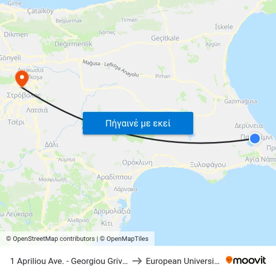 1 Apriliou Ave. - Georgiou Griva Digeni Ave. to European University Cyprus map