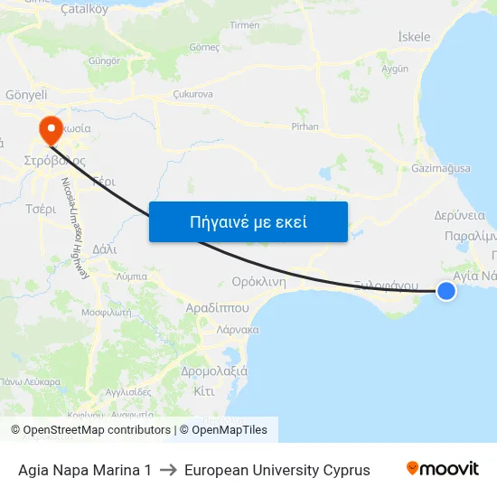 Ag. Napa Marina to European University Cyprus map