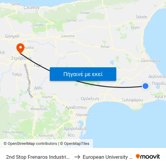 2nd Stop Frenaros Industrial Zone to European University Cyprus map