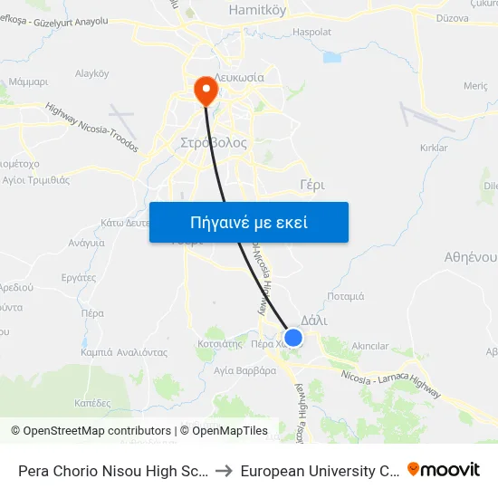 Pera Chorio Nisou High School 1 to European University Cyprus map