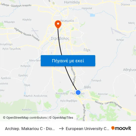 Archiep. Makariou C - Diogenous to European University Cyprus map