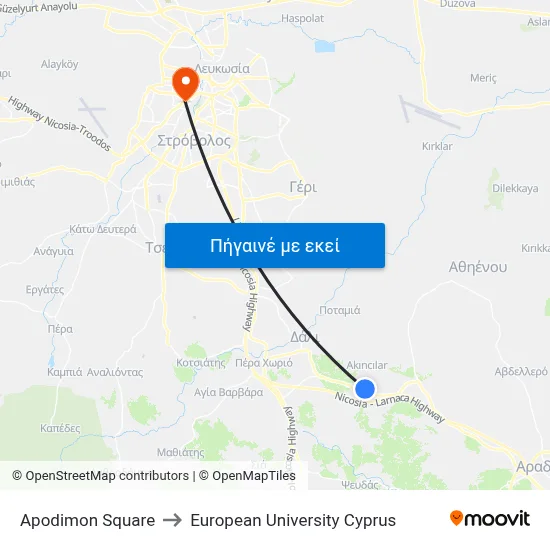 Apodimon Square to European University Cyprus map