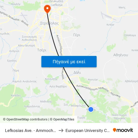 Lefkosias Ave. - Ammochostou to European University Cyprus map