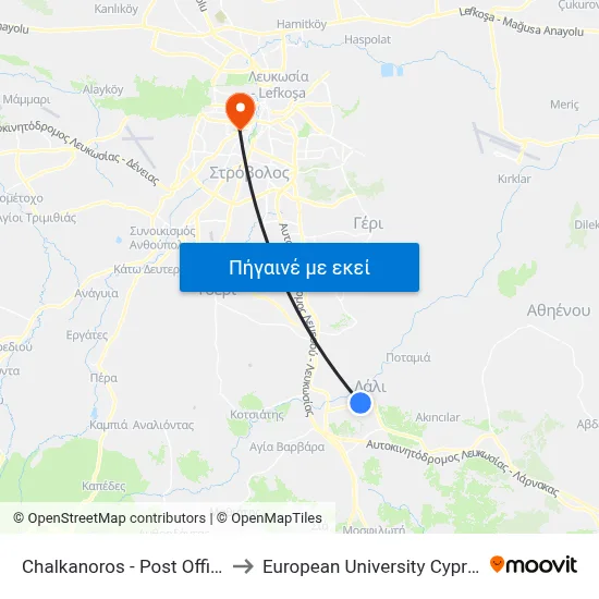 Chalkanoros - Post Office to European University Cyprus map