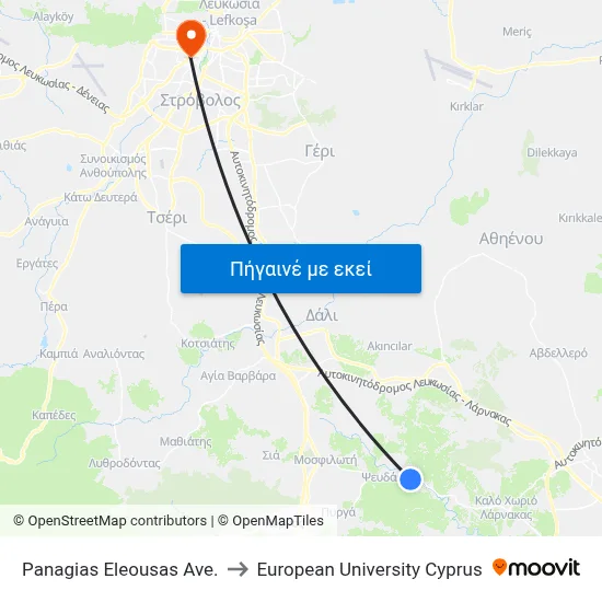 Panagias Eleousas Ave. to European University Cyprus map