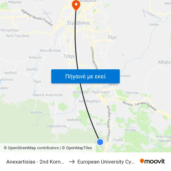 Anexartisias - 2nd Kornos 2 to European University Cyprus map