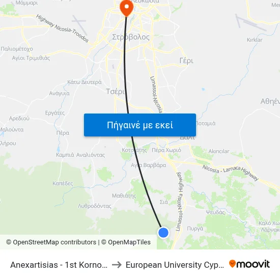 Anexartisias - 1st Kornos 1 to European University Cyprus map