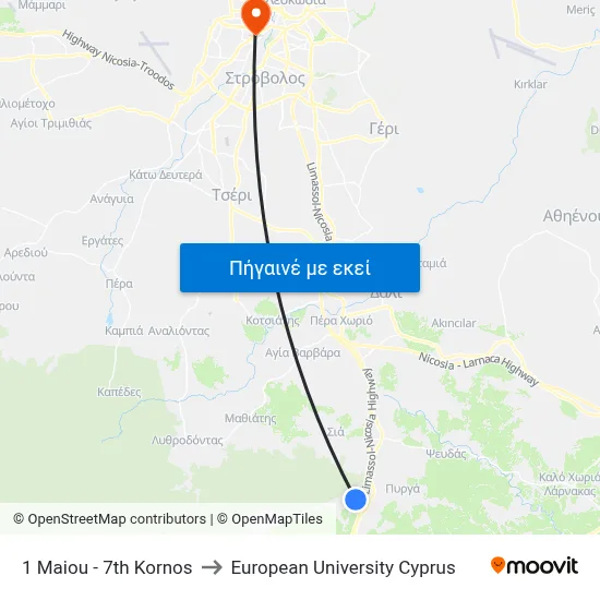1 Maiou - 7th Kornos to European University Cyprus map