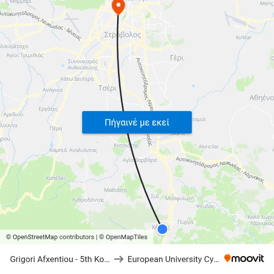 Grigori Afxentiou - 5th Kornos to European University Cyprus map
