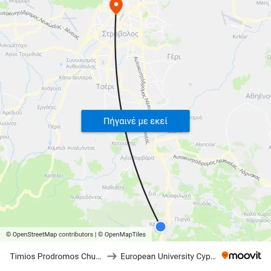 Timios Prodromos Church to European University Cyprus map