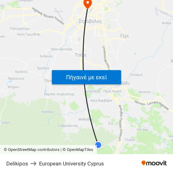 Delikipos to European University Cyprus map