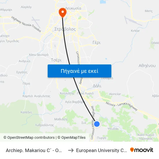 Archiep. Makariou C´ - Omirou to European University Cyprus map