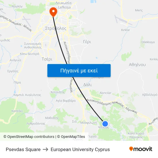 Psevdas Square to European University Cyprus map