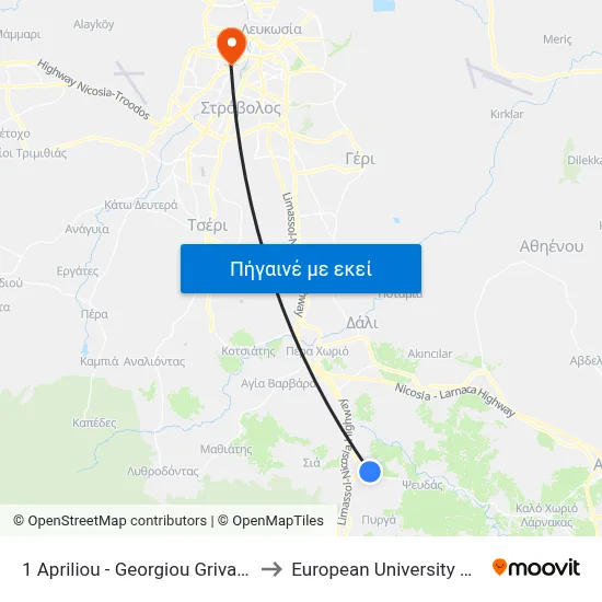 1 Apriliou - Georgiou Griva Digeni to European University Cyprus map