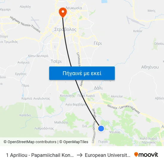1 Apriliou - Papamiichail Konstantinou 2 to European University Cyprus map