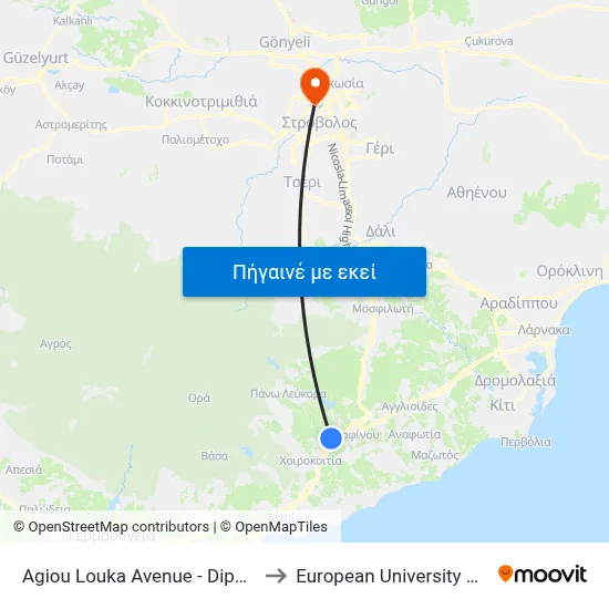 Ag. Louka Ave. - Dipotamou to European University Cyprus map