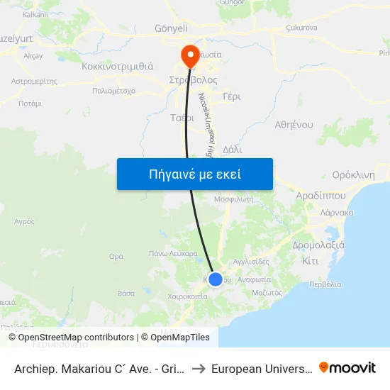 Archiep. Makariou C´ Ave. - Grigori Afxentiou 2 to European University Cyprus map