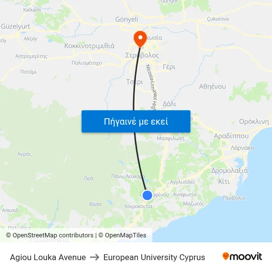 Ag. Louka Avenue to European University Cyprus map