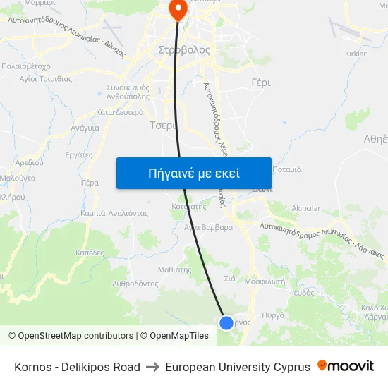 Kornos - Delikipos Road to European University Cyprus map